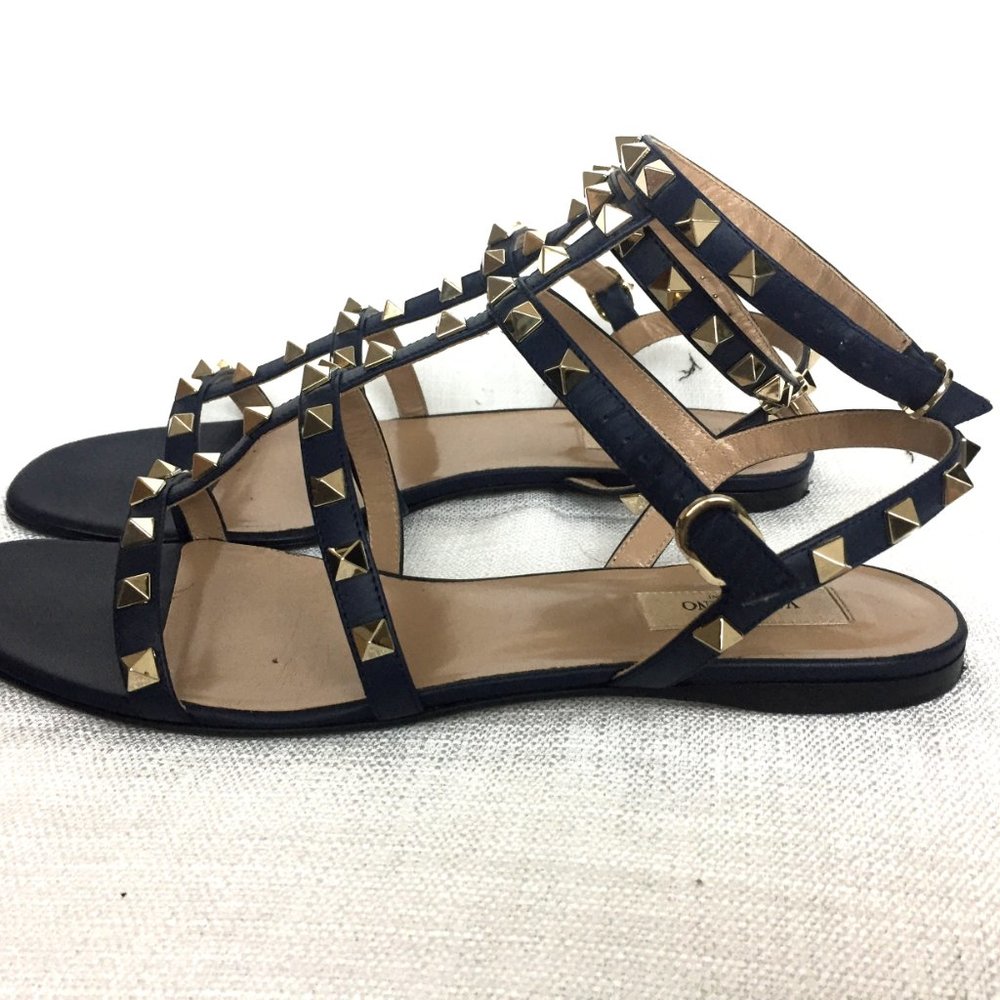 Valentino Rockstud Sandals, Flats, Size 9, Navy